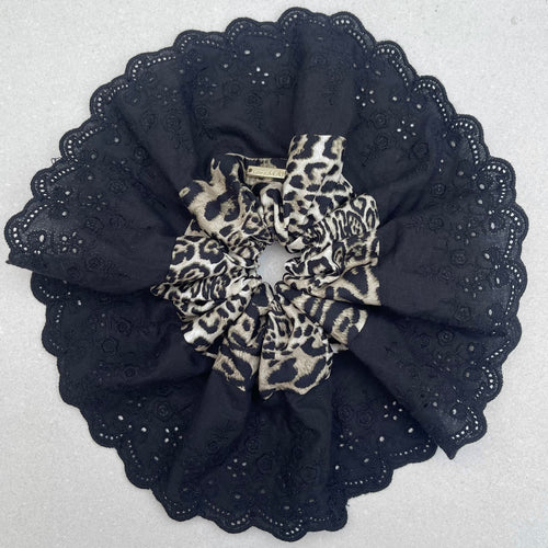 Oversized Leopard Print Scrunchie (Black Broderie Angalise)